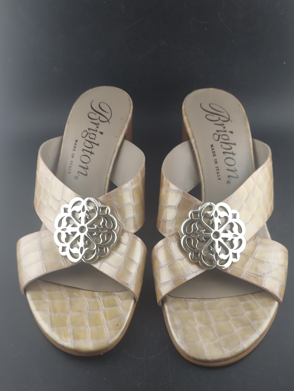 Brighton Cream Croc-Embossed Slip-On Mules with Silver Floral Medallions